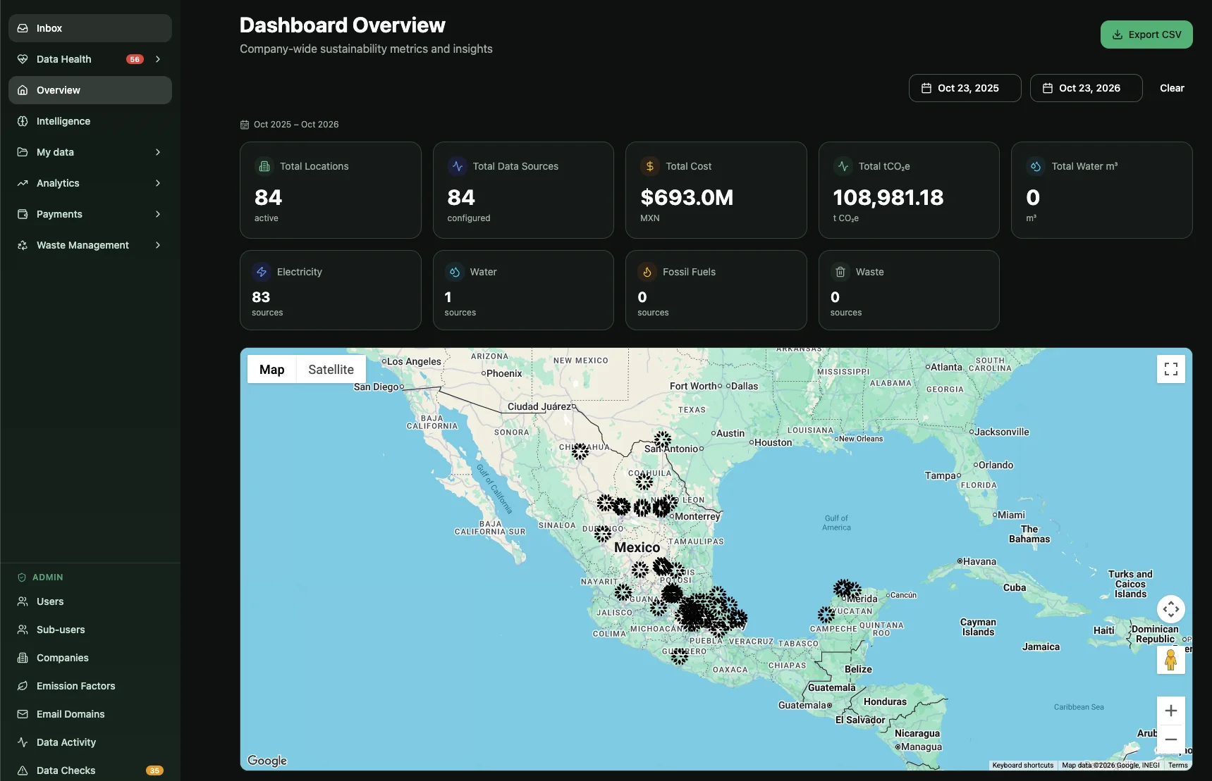 Climatta dashboard: all your sites and utility providers consolidated on one map